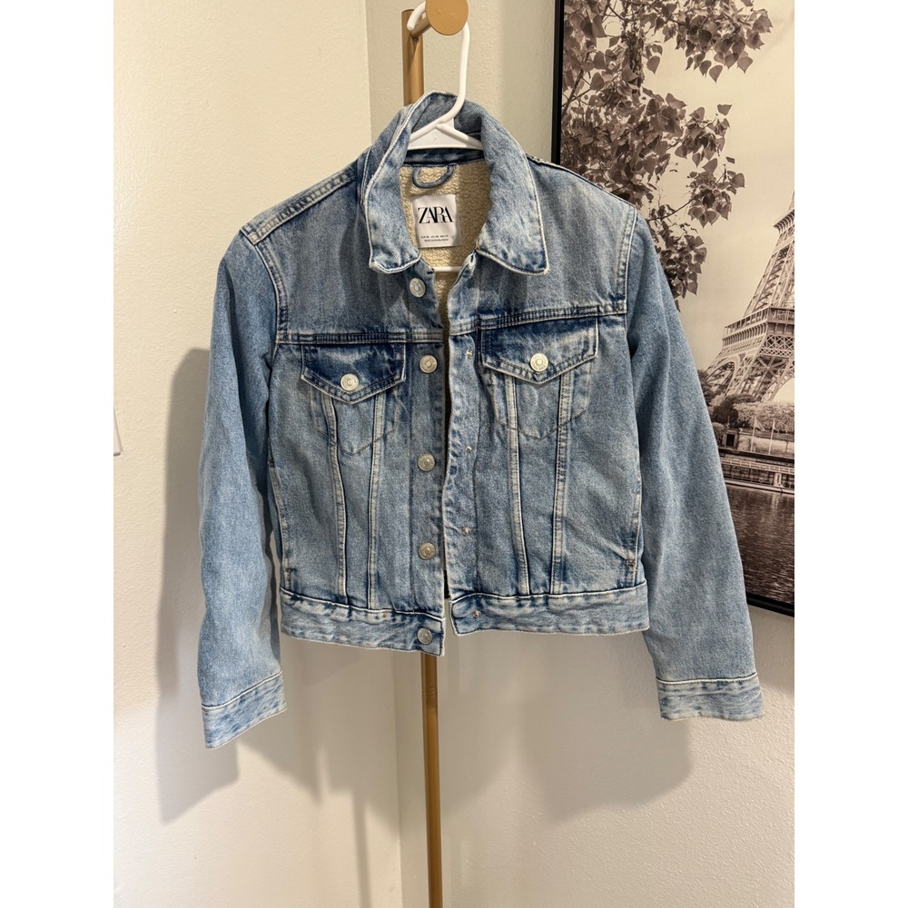 Zara Light Wash Denim Faux Shearling Lined Trucker Jacket XS Blue